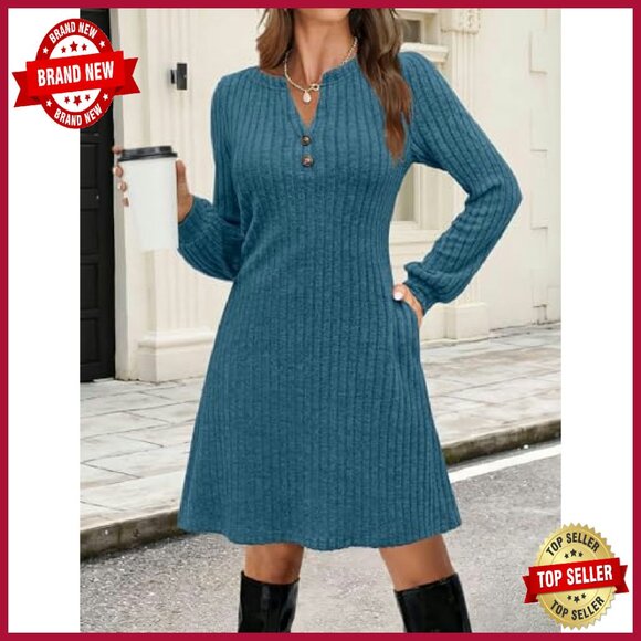 Long Sleeve Mini Sweater Dress Fully Lined Pockets A-Line Casual - Picture 6 of 8